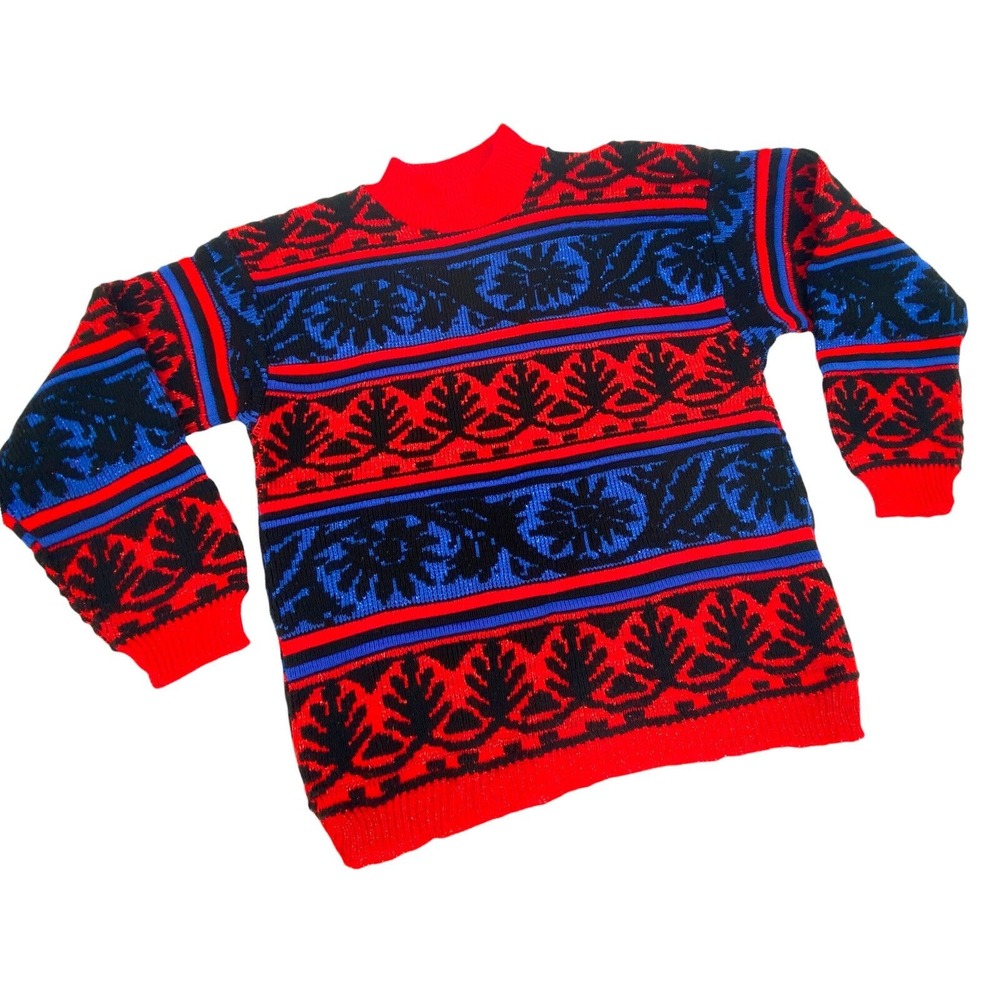 VTG 90s Milestone Sweater Womens M Red Blue Black Floral Graphic Statement Knit